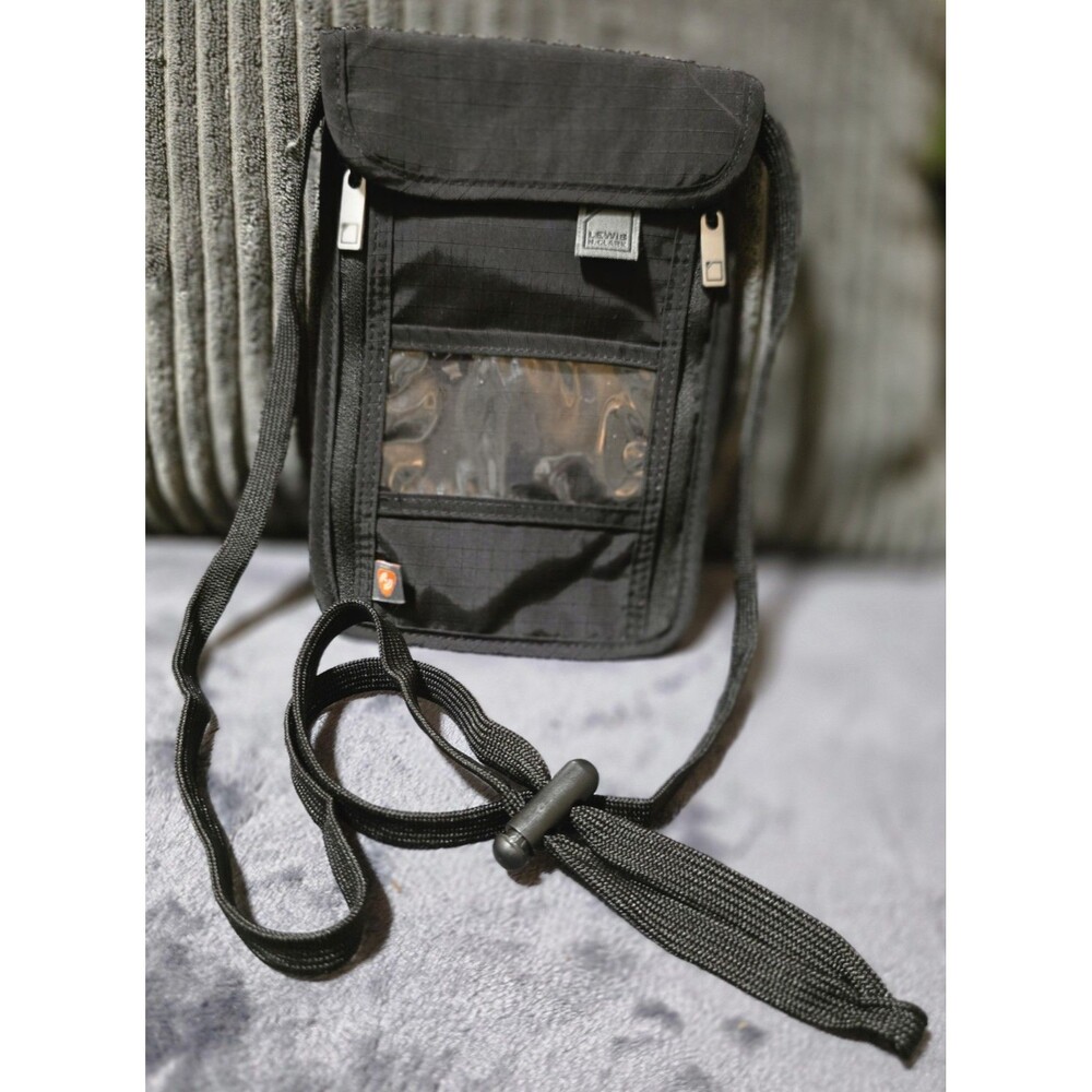 Lewis Clark RFID Blocking Stash Neck Black Crossbody Wallet Travel Pouch EuC